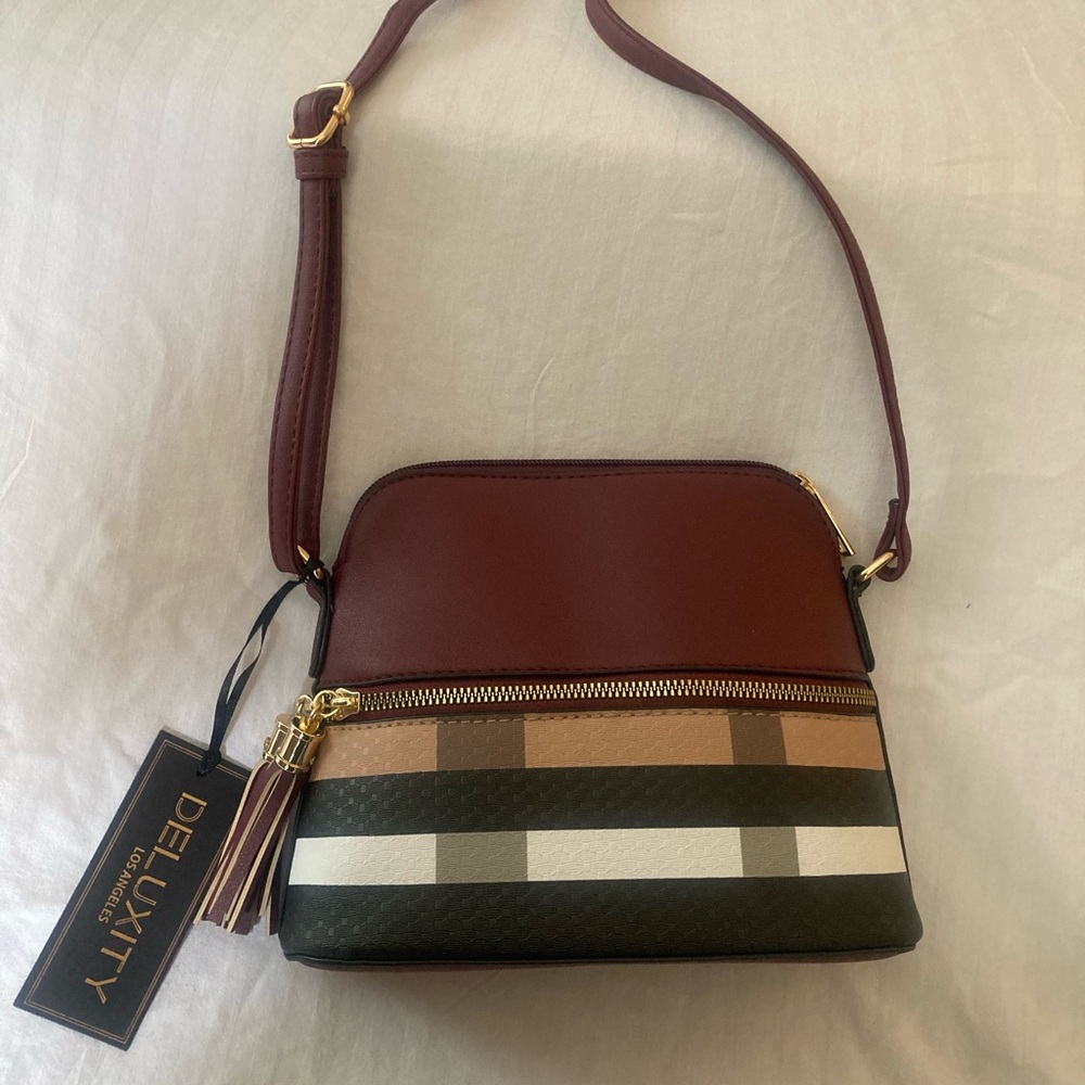 Burgundy and Multicolor Plaid Vegan Leather Crossbody Bag - Picture 15 of 16